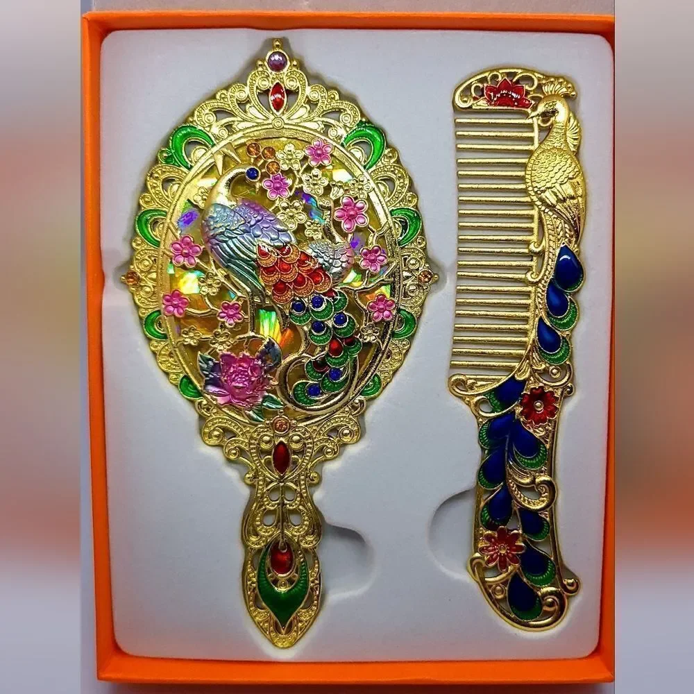 Vintage Peacock Mirror Comb Gift Box Set Yellow Gold Rhinestone Regency Vanity